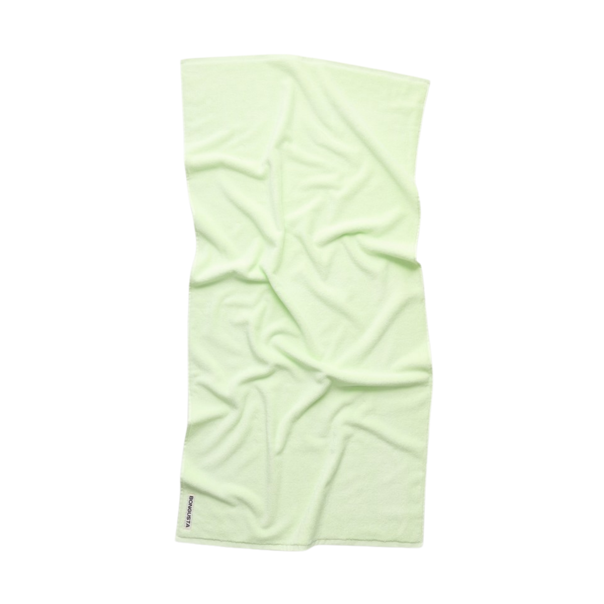 De Bongusta Naram Badhanddoek Lemon Sorbet 70/140 is een lichtgroene, rechthoekige microvezeldoek van Bongusta, met een zachte textuur en subtiele rimpels, afgebeeld op een witte achtergrond.
