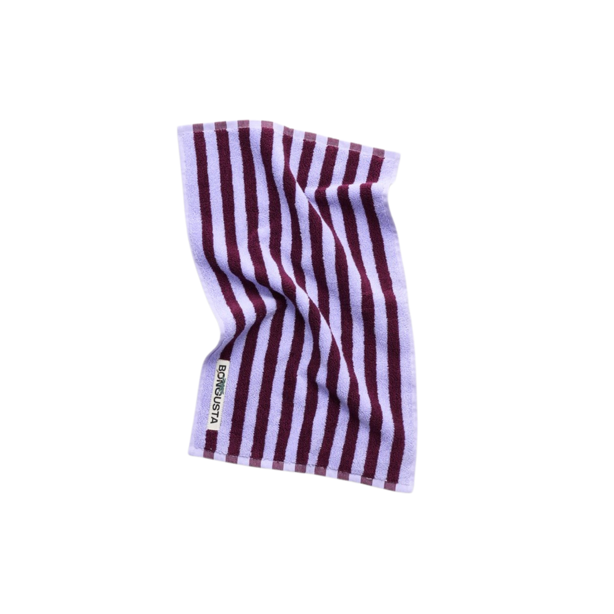 Het Bongusta Naram Gastendoekje Wine & Lavender Blue 30/50, een rechthoekig biologisch katoendoekje met paarse en lavendelkleurige strepen en een ingenaaid BONSUASTA label, wordt getoond tegen een witte achtergrond.