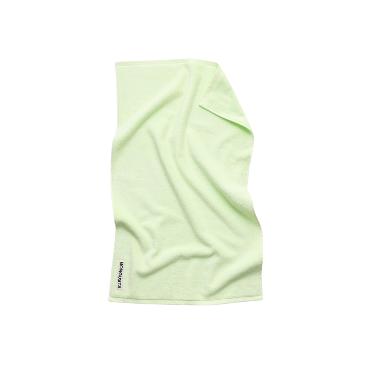 De Bongusta Naram Handdoek Lemon Sorbet 50/80 is een lichtgroene, zachte handdoek van biologisch katoen met gekreukelde textuur en een klein zwart label in één hoek, getoond op een witte achtergrond.