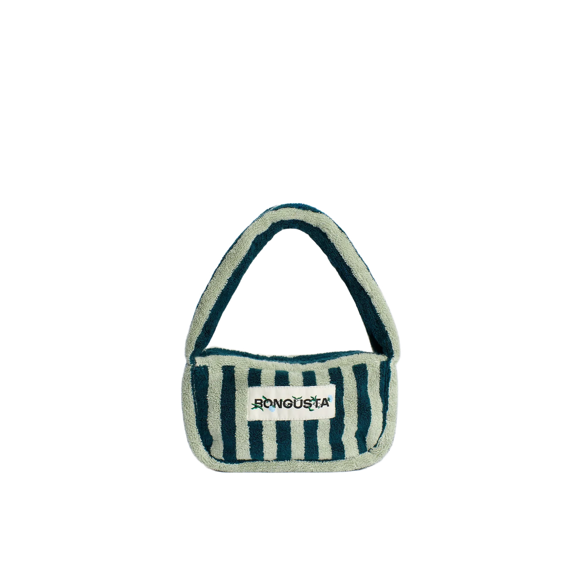 De Bongusta Naram Mini Bag Sea Foam & Deep Teal is een kleurrijk accessoire met groene en crèmekleurige verticale strepen, een breed handvat en een Bongusta-label op zacht biologisch katoen met textuur.