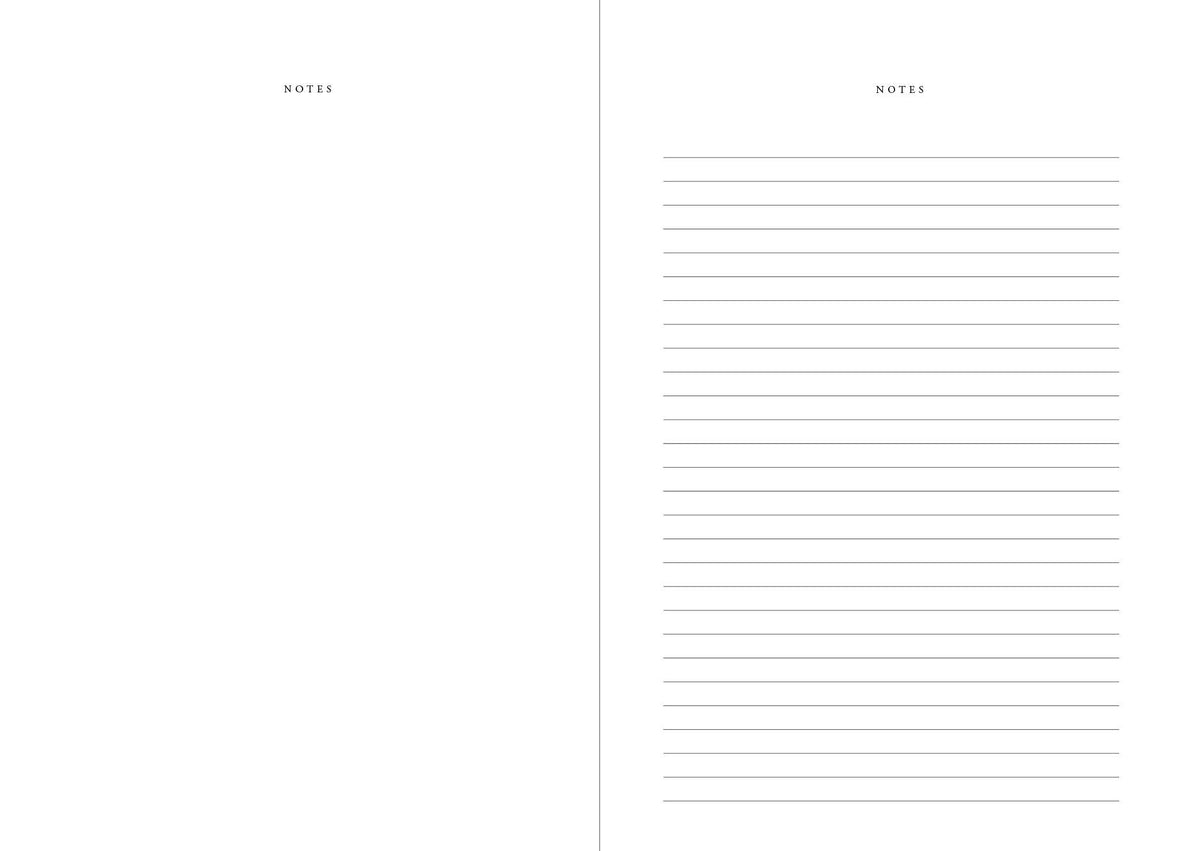 Twee naast elkaar liggende pagina's van de Cozy Publishing Planner 2026 You Are Made of Magic: de linkerpagina is blanco met uitzondering van "NOTES" bovenaan, terwijl de rechterpagina met gelinieerde NOTES perfect past bij koffiekleurig linnen kaften.