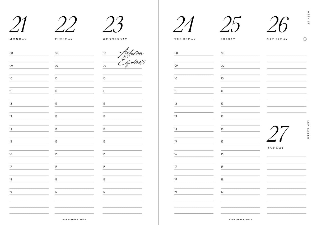 De minimalistische Cozy Publishing Planner 2026 You Are Made of Magic heeft een strak zwart-wit ontwerp met subtiele accenten. Elke dag biedt een planning per uur, met notities voor seizoensgebonden gebeurtenissen zoals de Herfst Equinox in een eenvoudige lay-out.