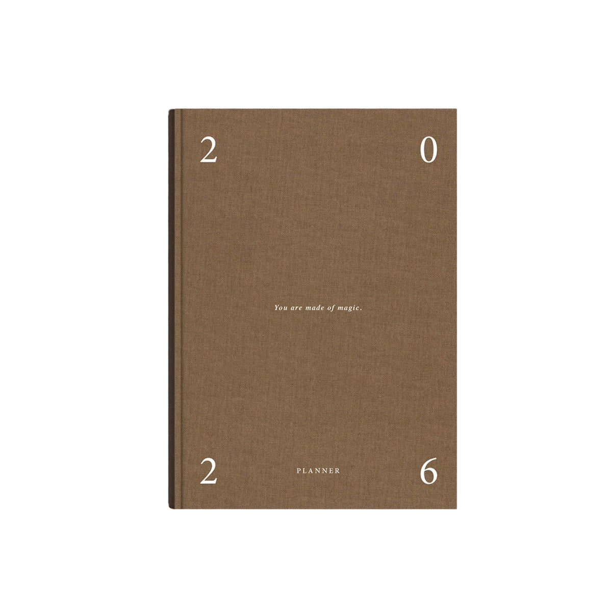 De Cozy Publishing Planner 2026 You Are Made of Magic van Cozy Publishing heeft een koffiekleurige linnen hardcover met "You are made of magic." in het midden, 2026 in de hoeken en PLANNER onderaan-een charmante essential.