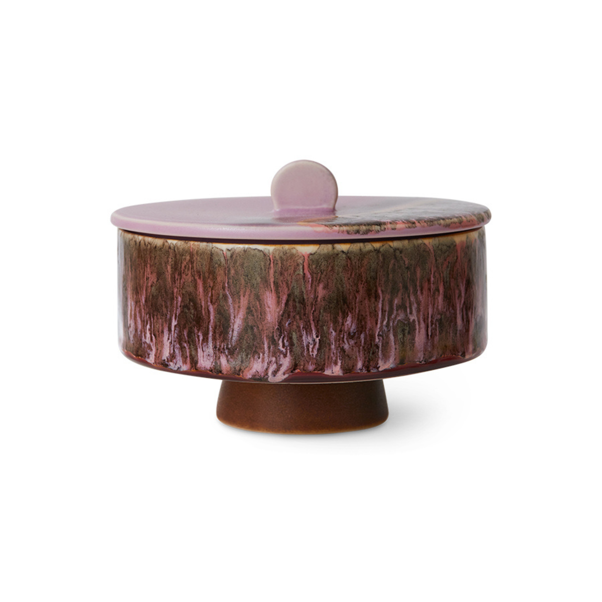 De HK Living 70s Ceramics Bonbon Kom Blast is een kom van keramiek met deksel, met roze en bruin gemarmerd reactief glazuur, een ronde knop en een korte brede voet.