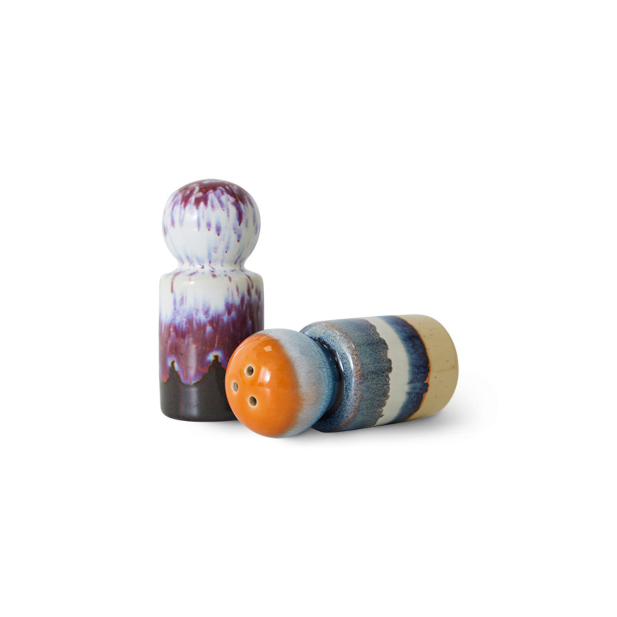 Fleur je tafel op met de HK Living 70s Ceramics Peper- en Zoutvaatje Stargaze 2 st.- een duo levendige shakers in paars, wit, oranje, blauw en beige-ideale retro tafelaccessoires van HK Living.