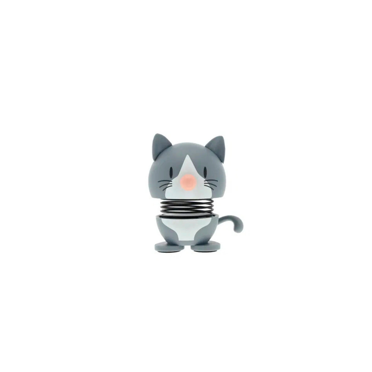 De Hoptimist Amerikaanse Korthaar Kat Blauw/Grijs XS, een speels grijs en wit Amerikaans Korthaar kattenbeeldje van Hoptimist, met een verend lichaam, is gecentreerd op een effen witte achtergrond.