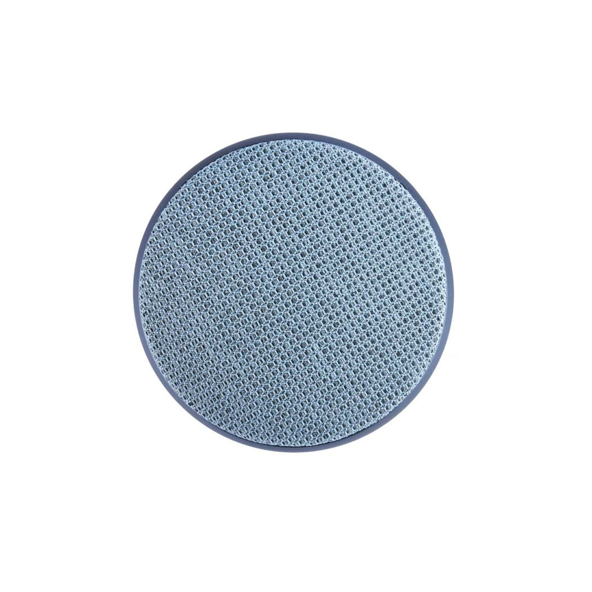Een ronde, lichtblauwe siliconen onderzetter met een wafelpatroon, van bovenaf afgebeeld op een witte achtergrond - het strakke uiterlijk past bij de moderne stijl van de Jacob Jensen Optical Rookmelder Blauw D10 van Jacob Jensen.