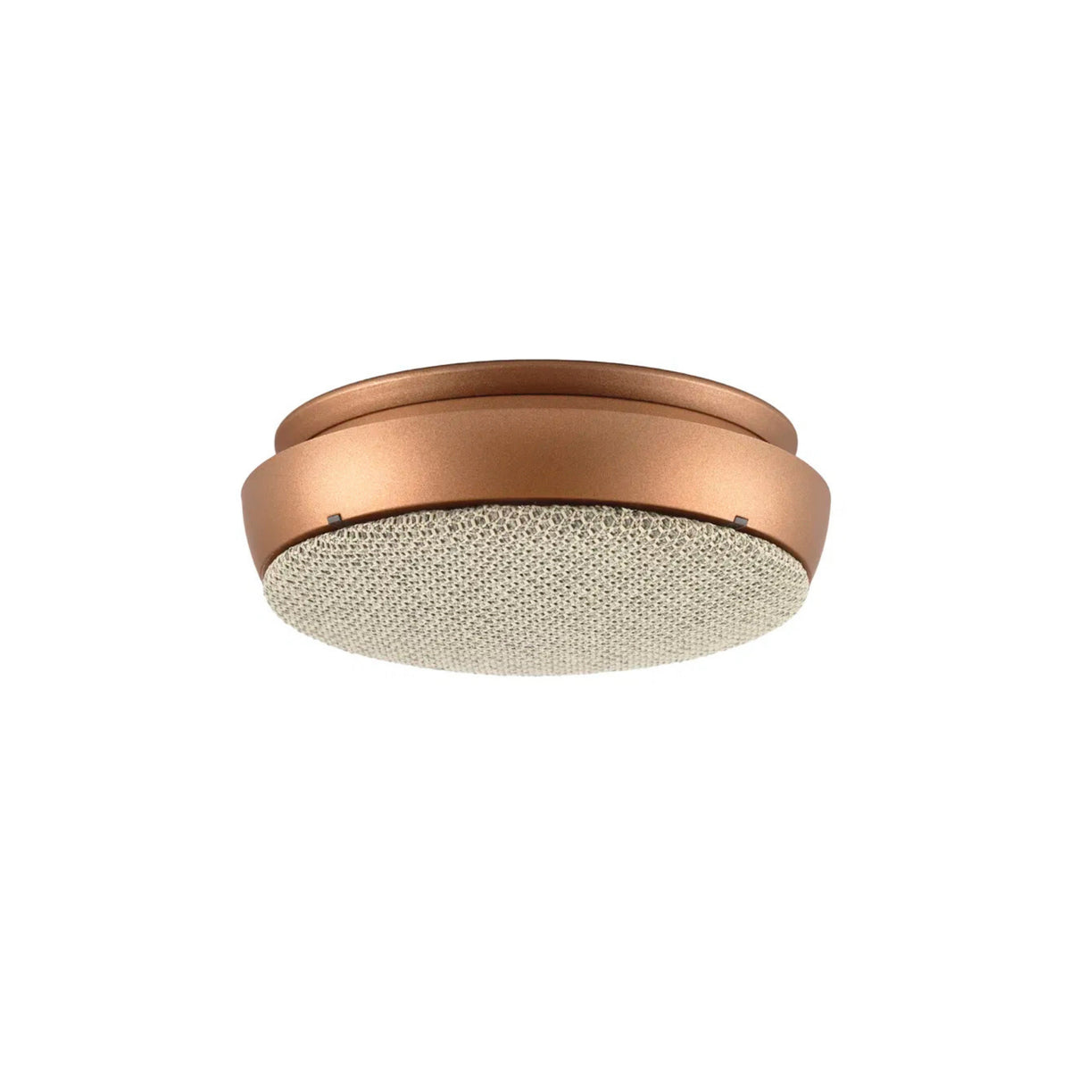 De Jacob Jensen Optical Rookmelder Koper D10, een koperkleurig plafondarmatuur met een gestructureerd deksel van geperforeerd gaas, wordt getoond tegen een witte achtergrond.