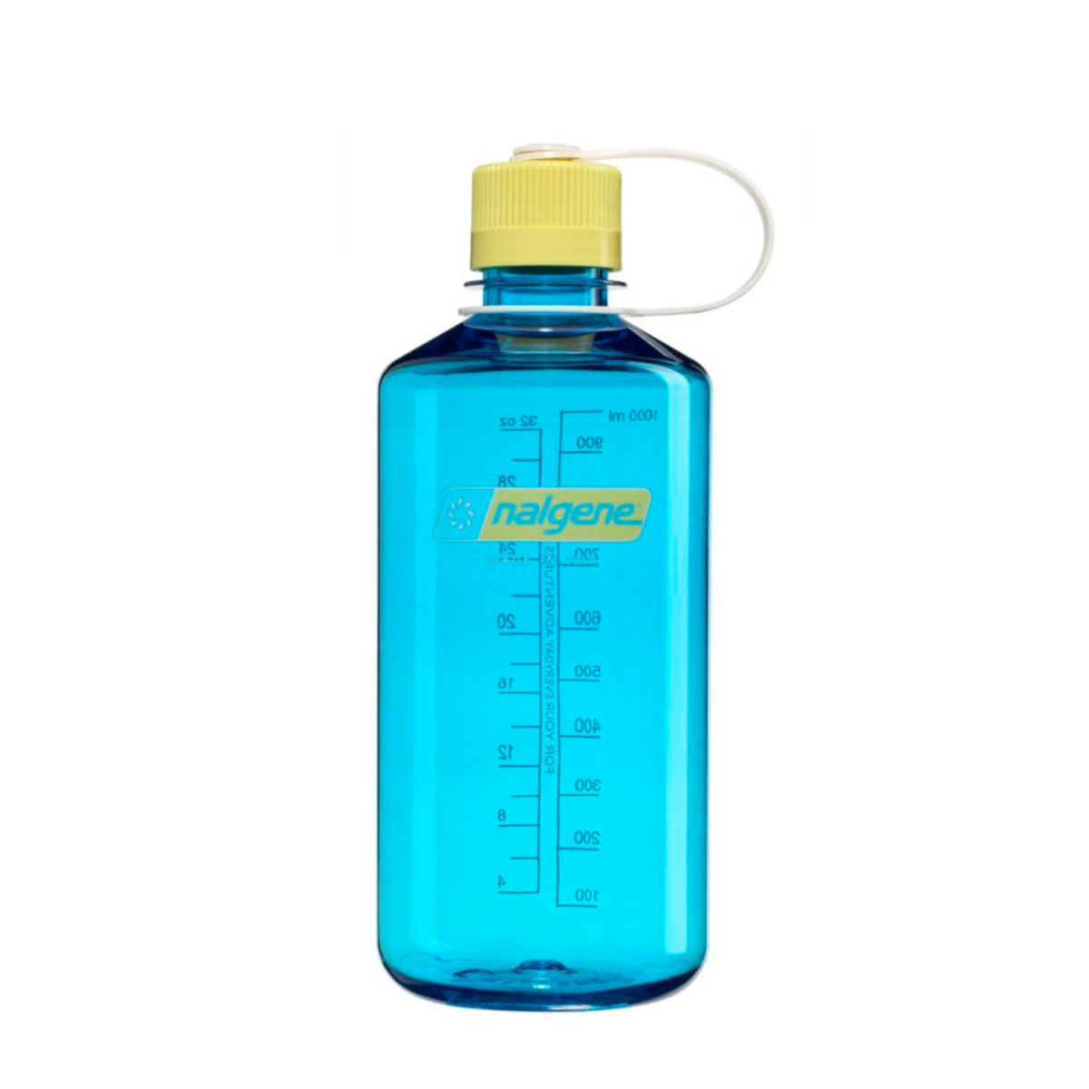 De Nalgene Drinkfles met smalle opening, Blauw Atoll Endive 1L heeft een blauwe fles, een gele schroefdop, een witte draagriem, maatstreepjes en het Nalgene-logo. BPA-vrij voor veilig drinken.