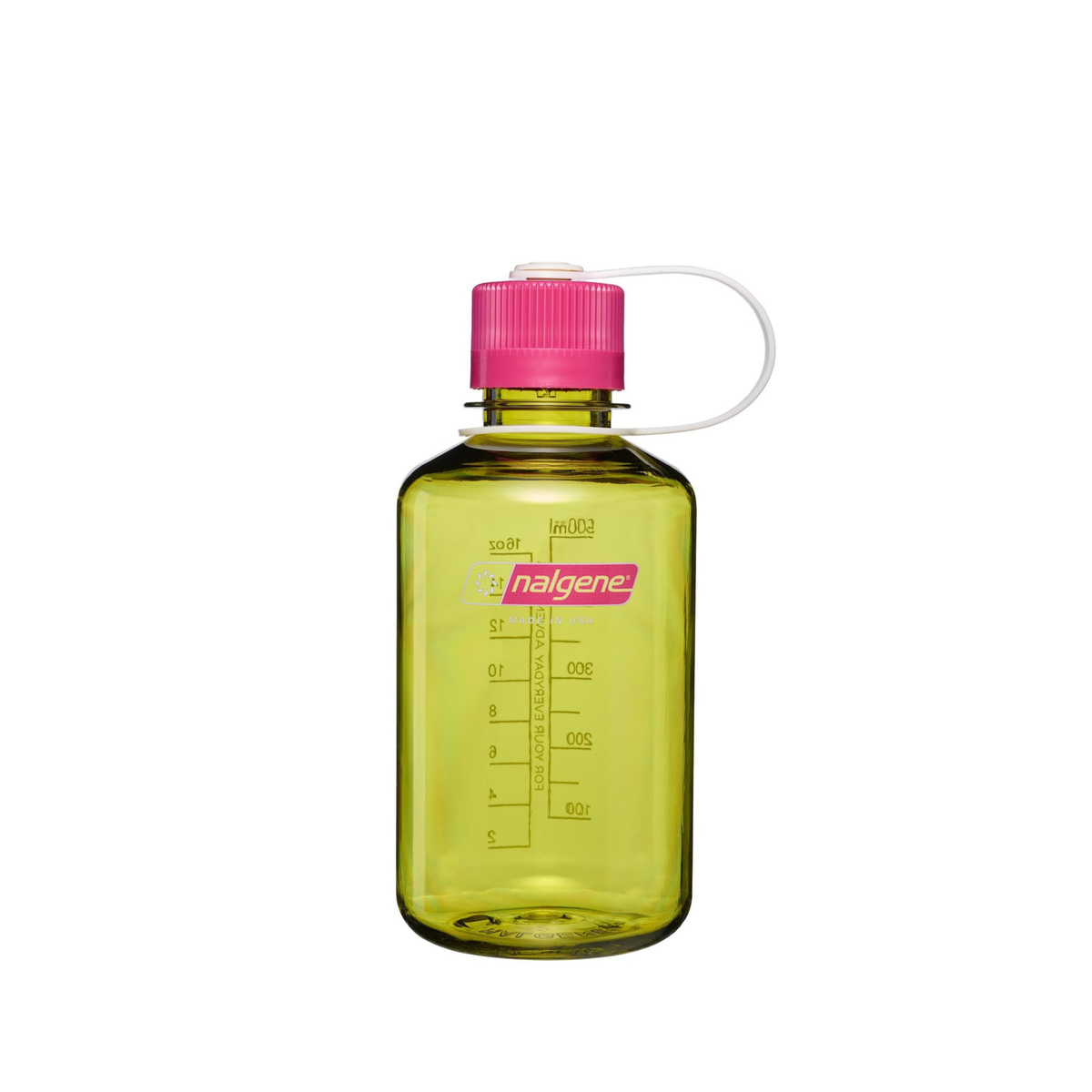 De Nalgene Drinkfles met smalle opening, Endive Fuchsia Paars, 500 ml – een doorschijnende gele BPA-vrije fles met maatstreepjes, een roze schroefdop, een witte draaglus en een smalle opening – wordt afgebeeld tegen een effen witte achtergrond.