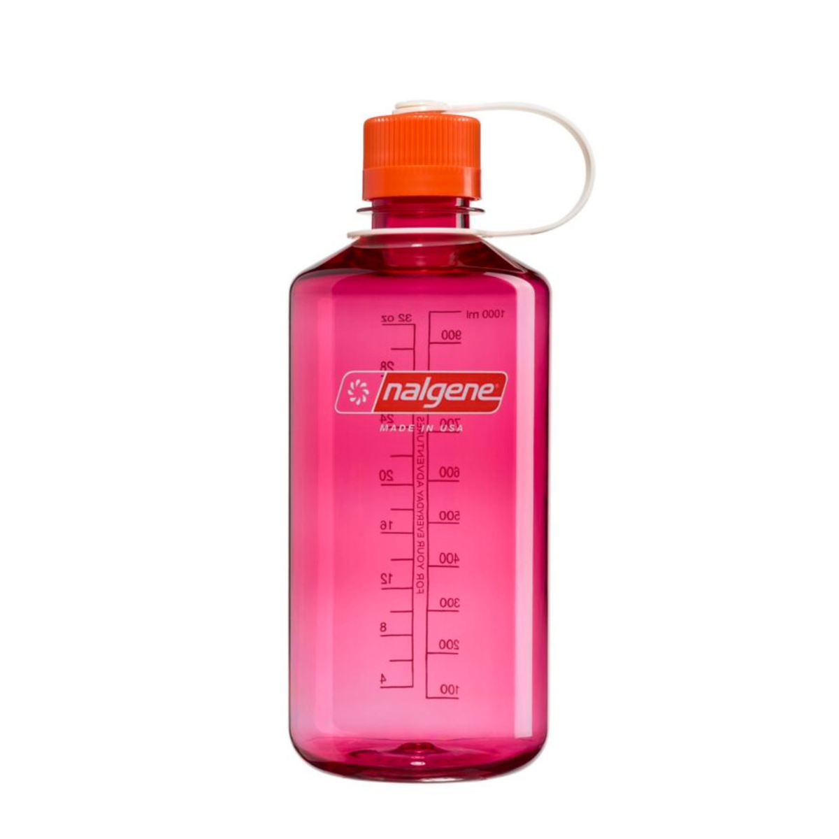 De Nalgene Drinkfles Smalle Opening Fuchsia Paars Flame 1L is een roze Nalgene-waterfles met een oranje schroefdop, een witte draagriem, maatstreepjes en het BPA-vrij-logo op de voorkant.