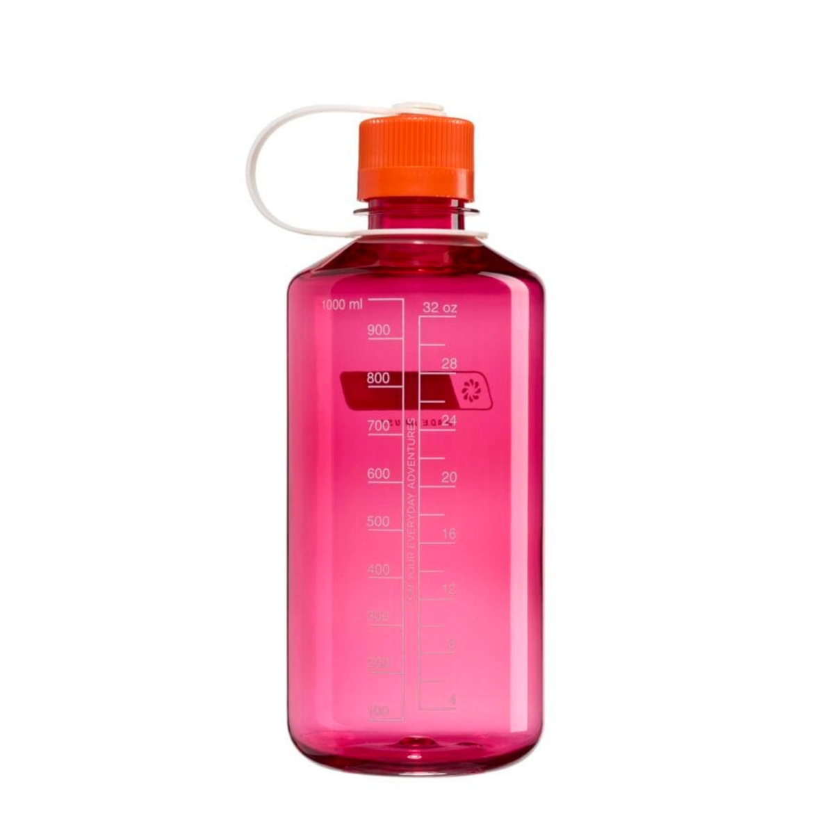De Nalgene Drinkfles met smalle opening, fuchsia-paars, Flame, 1 l is een doorschijnende roze fles met milliliter- en ounce-markeringen, een oranje schroefdop, een witte draaglus, BPA-vrij en vervaardigd door Nalgene.