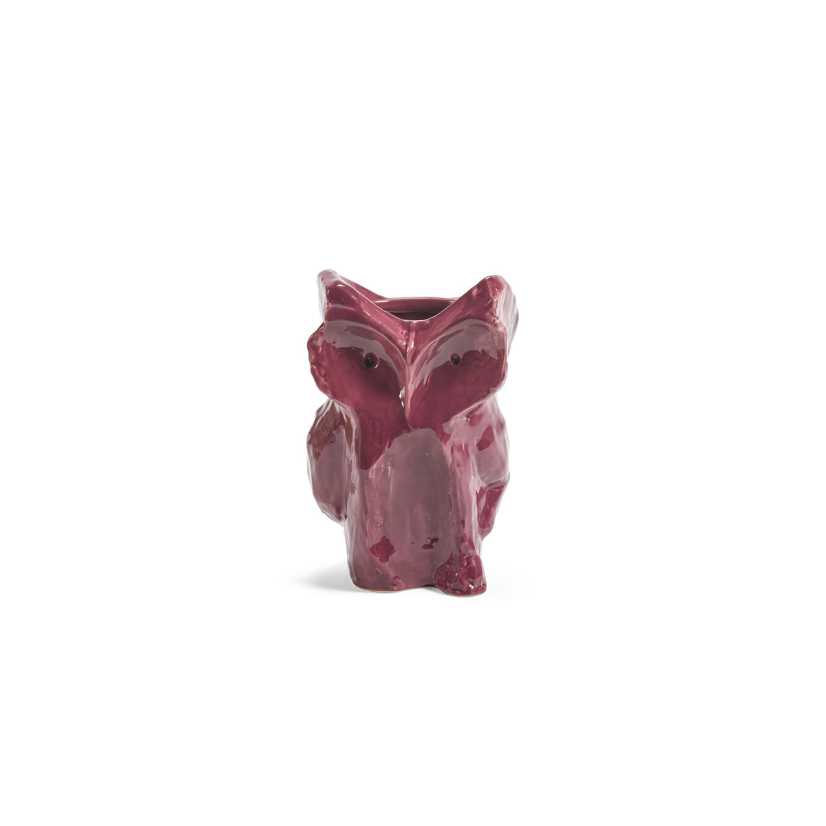 De Serax Marni After Midnight Uil Vaas Aubergine XS is een klein, glanzend keramisch vossenbeeldje in diep aubergine, dat de elegante stijl van Serax weerspiegelt, afgebeeld tegen een effen witte achtergrond.