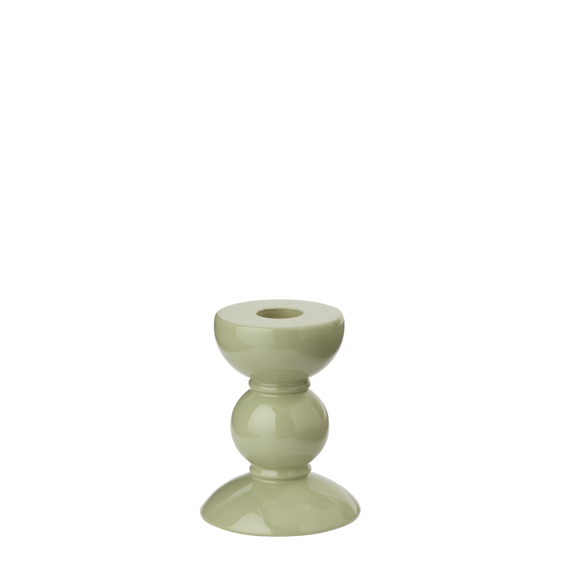 De Addison Ross Bobbin Kandelaar Saliegroen 10 cm is een kleine, glanzende, lichtgroene kandelaar met een afgerond dubbelbolvormig ontwerp en een brede, stabiele basis, afgebeeld tegen een effen witte achtergrond.