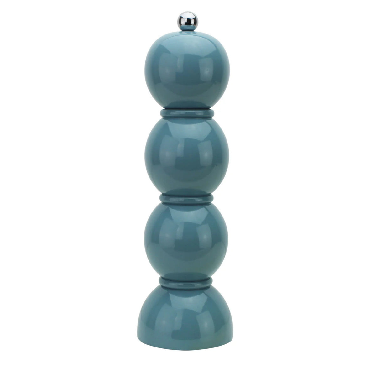 De Addison Ross Bobbin Zout-en Pepermolen Chambray 24 cm heeft een moderne glanzende chambrayblauwe afwerking met drie gestapelde bollen, een afgeronde voet en een zilveren knop.