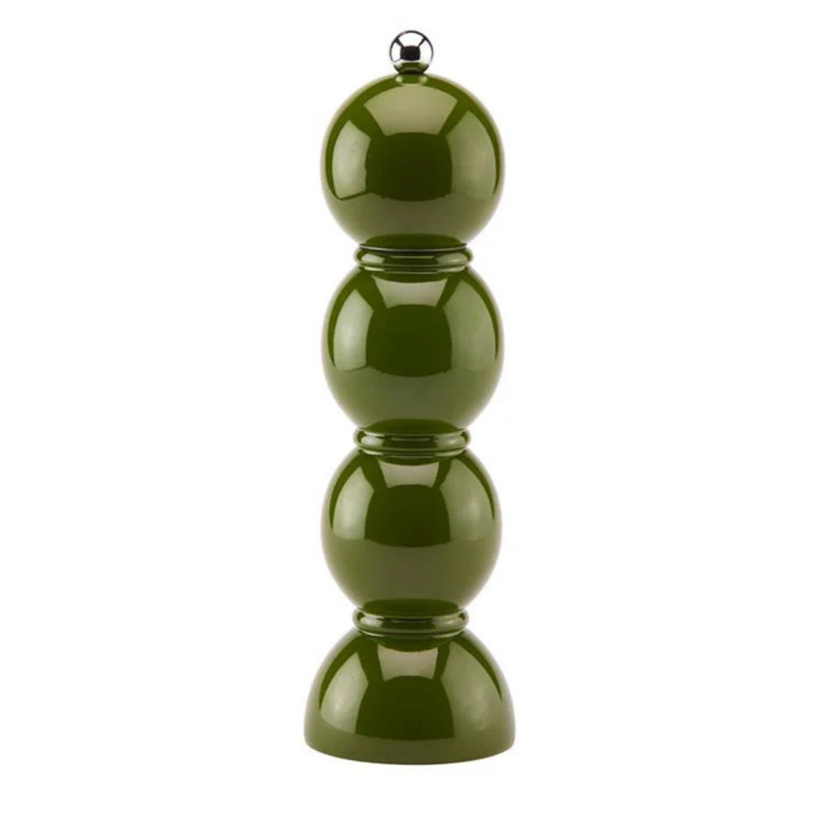 Een glanzende, donkergroene Addison Ross Bobbin Zout-en Pepermolen Kaki 24 cm met een gestapeld, bolvormig ontwerp en een kleine zilveren knop bovenop staat rechtop tegen een witte achtergrond.