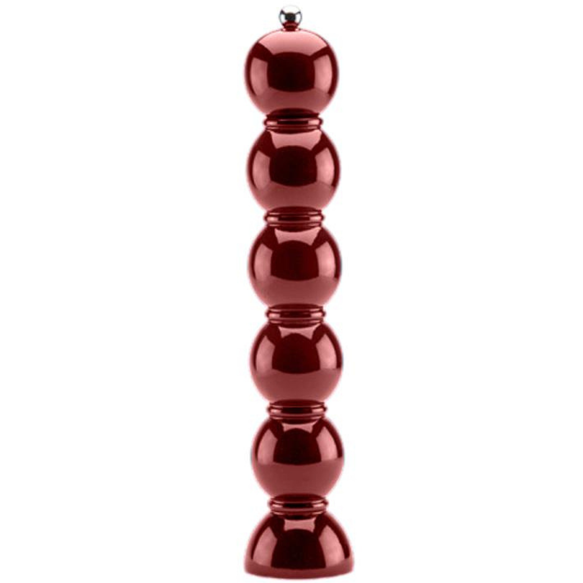 De Addison Ross Bobbin Zout-en Pepermolen Kersenrood 35 cm heeft zes gestapelde bollen, een licht taps toelopende basis en een metalen knop bovenop, allemaal in een hoge glanzende kersenrode afwerking.