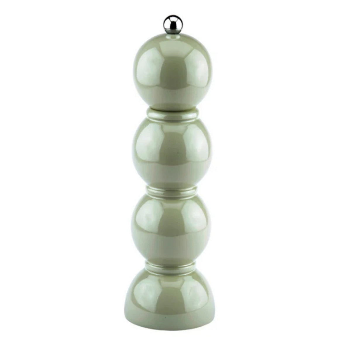 De Addison Ross Bobbin Zout-en Pepermolen Saliegroen 24 cm heeft een hoge, glanzend groene afwerking, een uniek ontwerp van drie gestapelde bollen met een afgeronde basis, en is afgewerkt met een kleine zilveren knop.