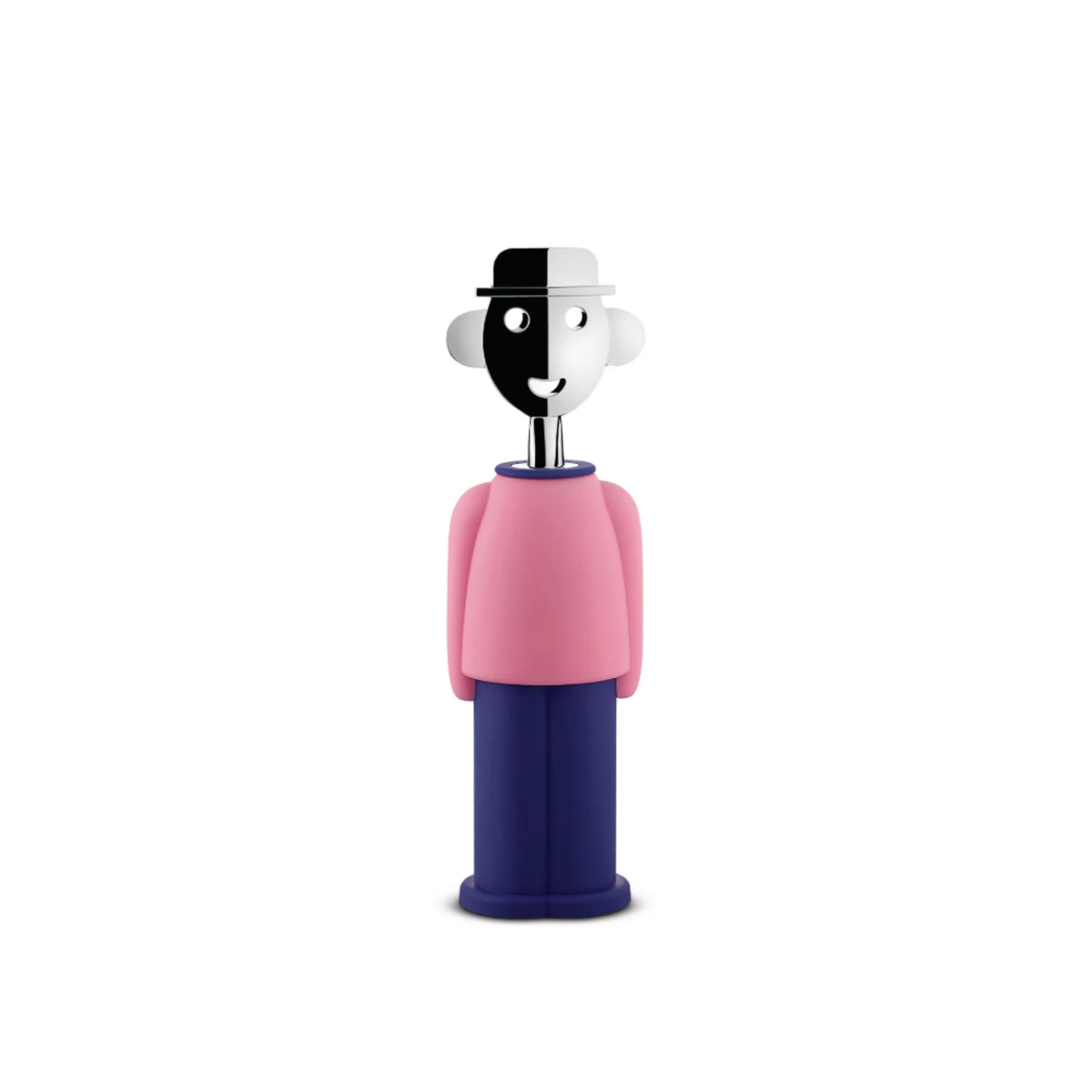 De Alessi Alessandro Kurkentrekker Blauw/Roze kurkentrekker heeft een grillig gespleten zwart-wit gezicht, witte hoed, roze shirt en blauwe broek - een iconisch Alessi designobject tegen een witte achtergrond.