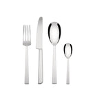 Vier stukken Alessi Asta Bestek 24-delig zilverwerk - een vork, mes, eetlepel en theelepel - zijn gerangschikt op een witte achtergrond, wat het elegante Italiaanse ontwerp van Alessi benadrukt.