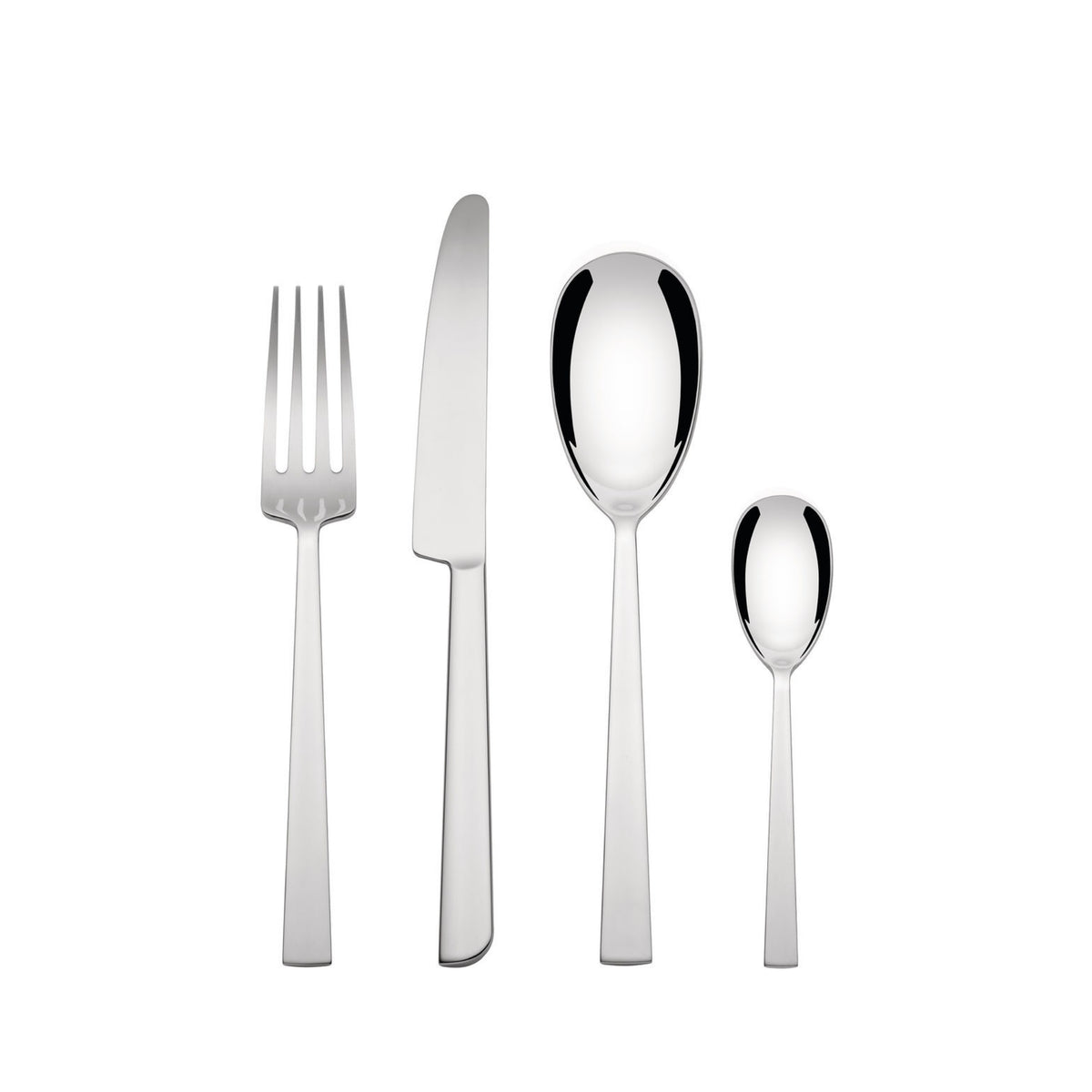 Vier stukken Alessi Asta Bestek 24-delig zilverwerk - een vork, mes, eetlepel en theelepel - zijn gerangschikt op een witte achtergrond, wat het elegante Italiaanse ontwerp van Alessi benadrukt.
