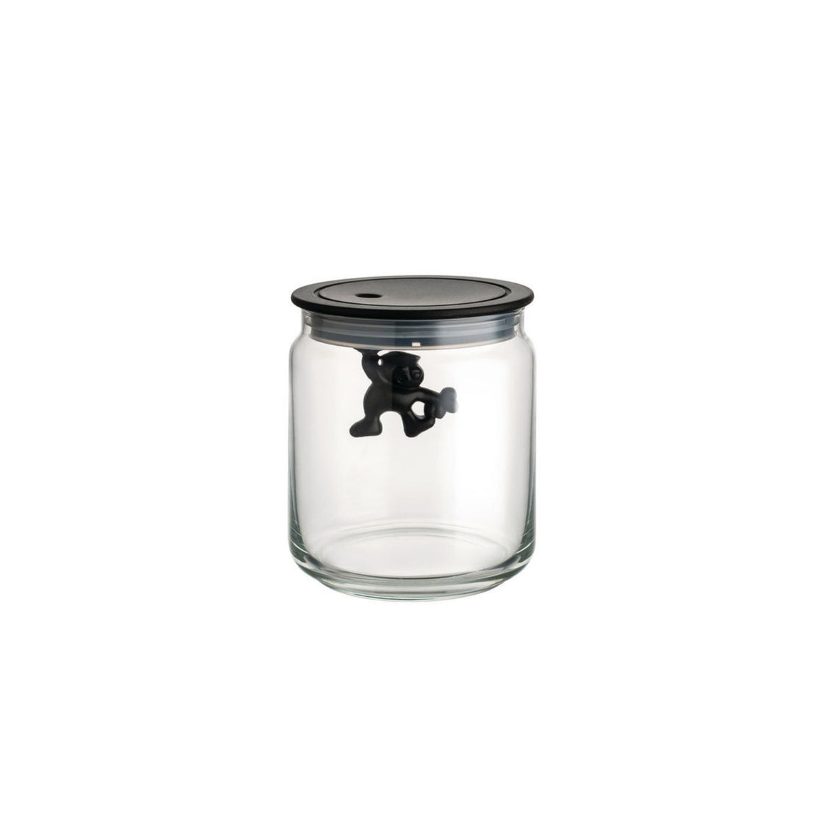 De Alessi Gianni Voorraadpot Zwart 70 cl van Alessi heeft helder glas, een zwart deksel en een speels zwart figuurtje binnenin onder het deksel. Het minimalistische ontwerp steekt af tegen een witte achtergrond en weerspiegelt de stijlvolle Italiaanse flair van de voorraadpot.