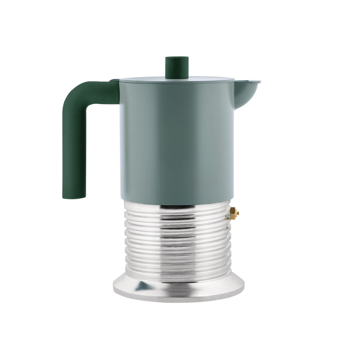 De Alessi Vite Koffiemaker Saliegroen 9-kops van Alessi heeft een matte saliegroene bovenkant en handvat met een geribbelde metallic zilveren basis, perfect als inductie koffiemaker voor stijlvol brouwen. Afgebeeld op een effen witte achtergrond.