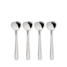 De Alessi Big Love Theelepels 4 st. van Alessi zijn vier roestvrijstalen theelepels met hartvormige kommen, ontworpen door Miriam Mirri, rechtop in een rij op een witte achtergrond.