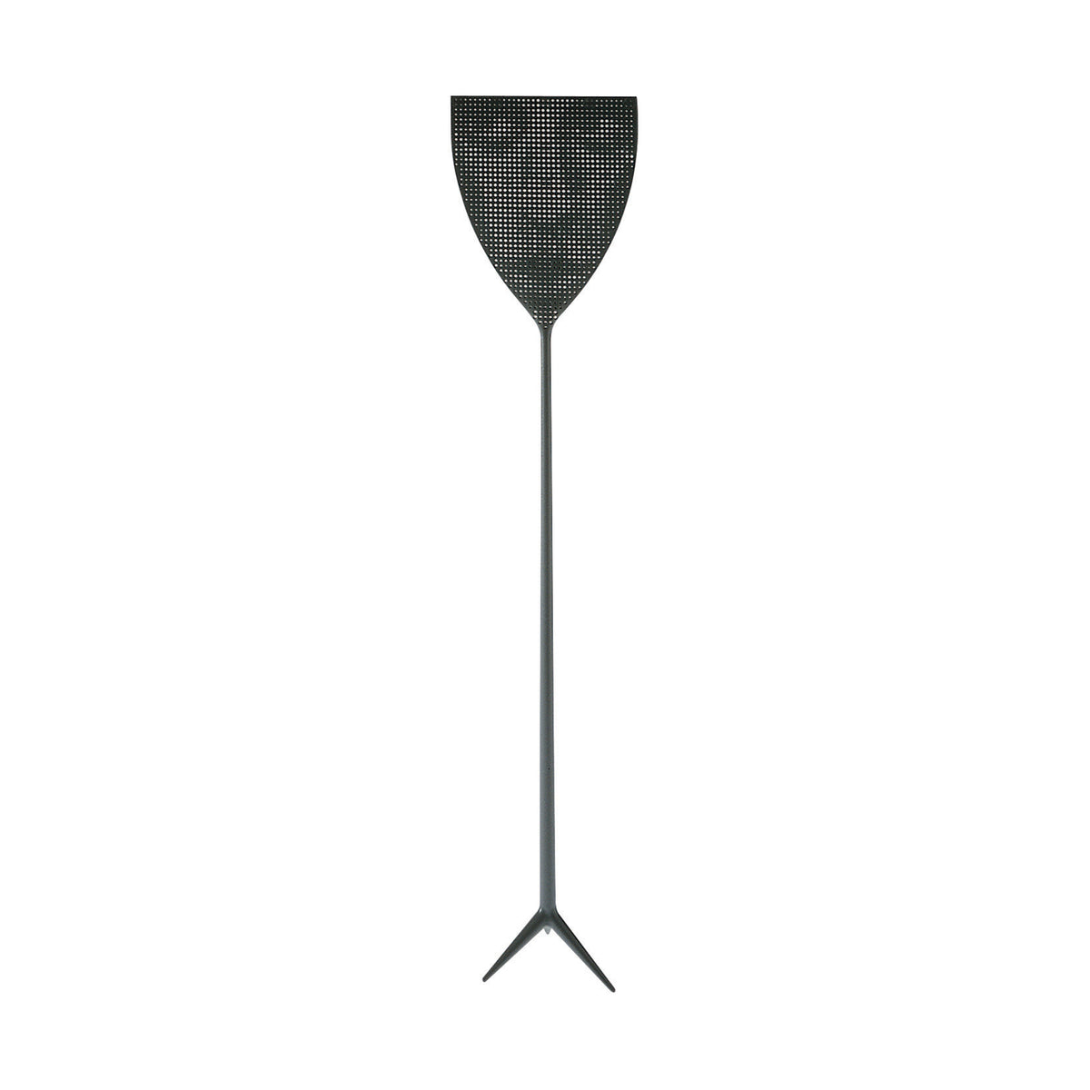 De Alessi Dr. Skud Vliegenmepper Grijs heeft het kenmerkende ontwerp van Philippe Starck met een geperforeerde ovale kop en lange steel, uitgevoerd in grijs tegen een strakke witte achtergrond.