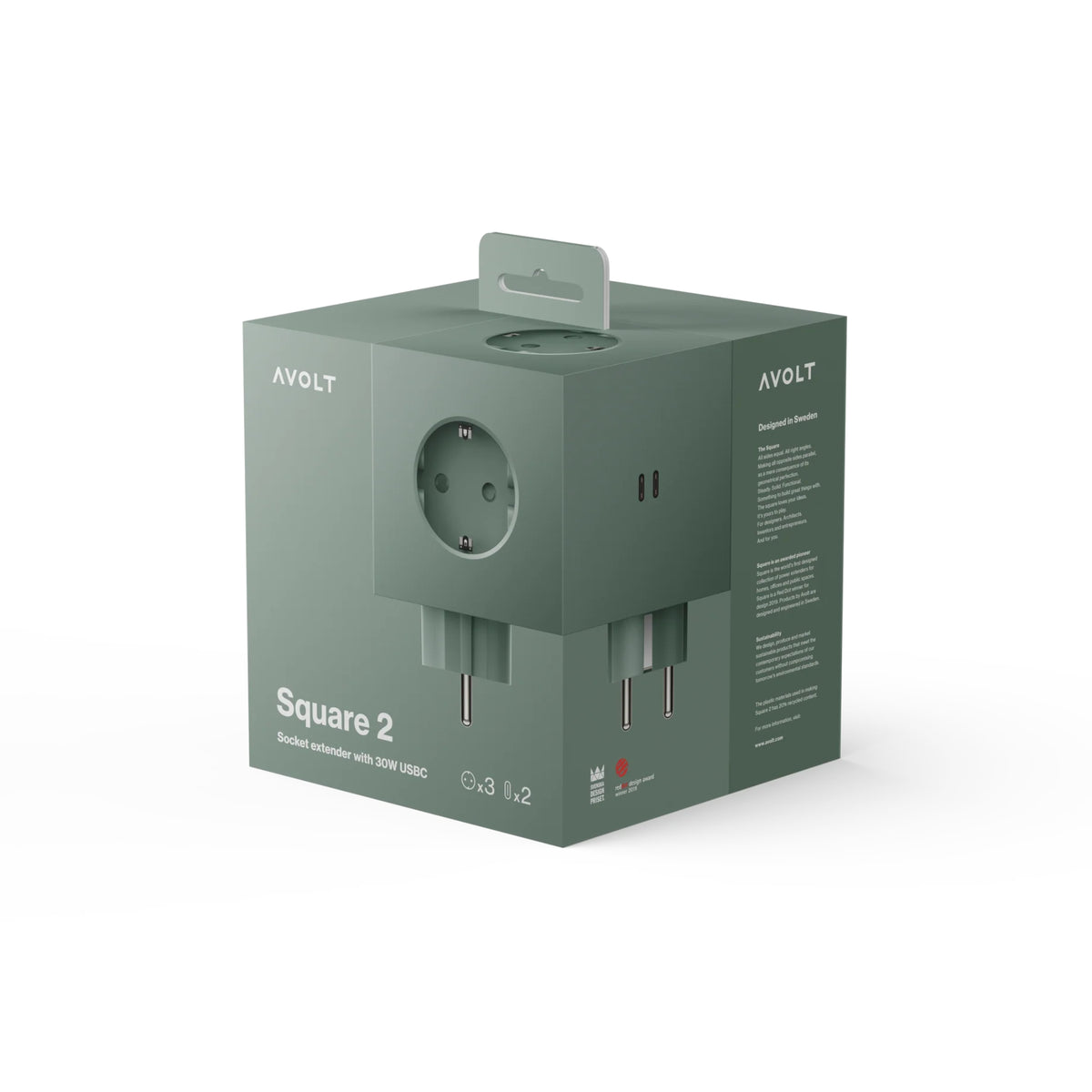 De Avolt Square 2 USB-C Stekkerdoos Eik Groen is een groene stekkerdoos van Avolt met één stopcontact en twee USB-C poorten, te zien in de verpakking met productdetails op de doos.