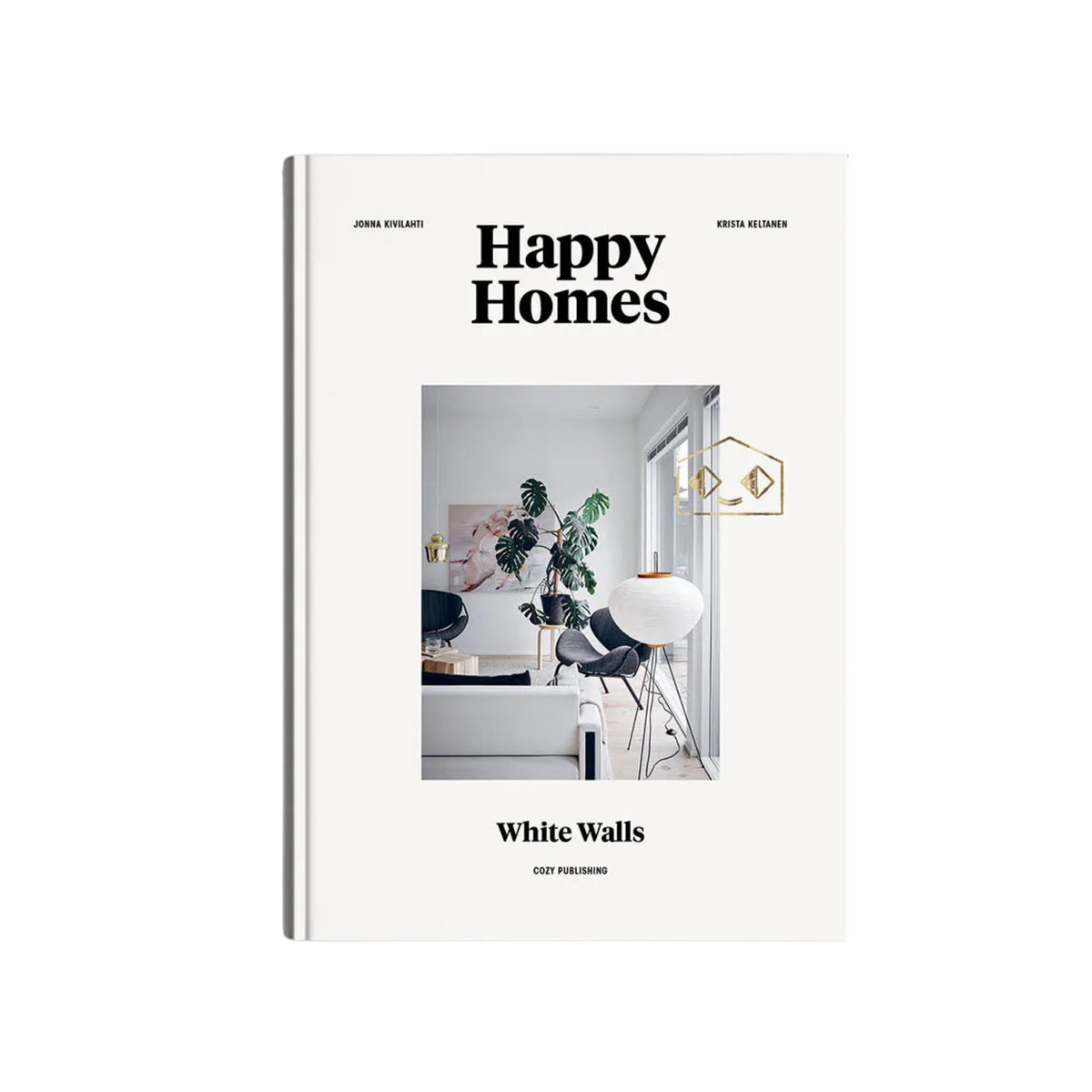 Cozy Publishing Happy Homes White Walls Boek is een lifestyle koffietafelboek met een minimalistische cover waarin een lichte, moderne woonkamer wordt getoond - ideaal voor fans van Scandinavische interieurs.