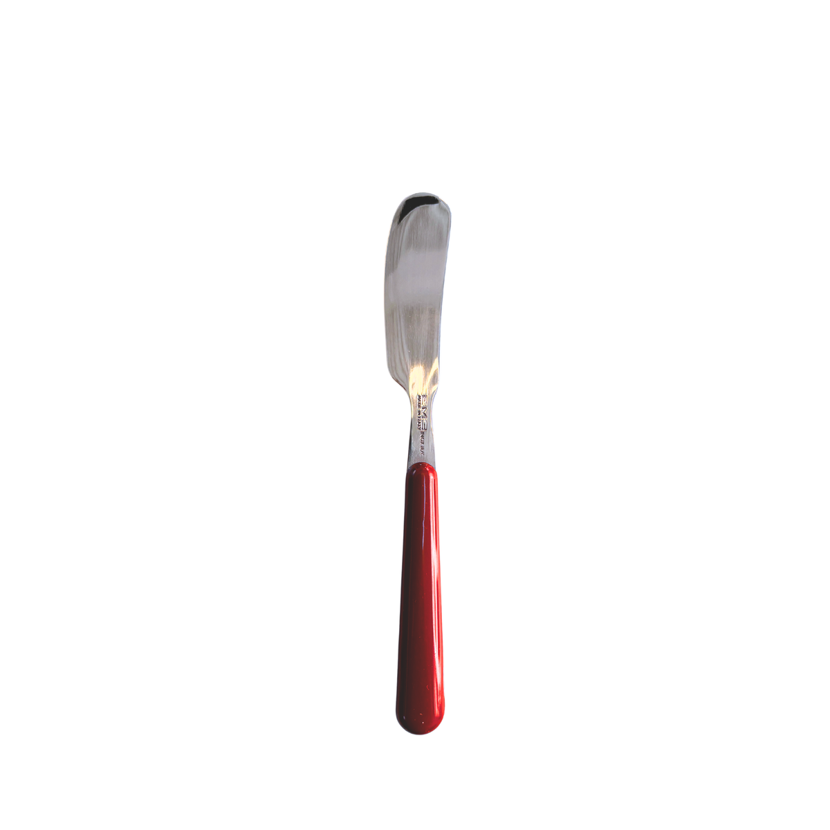 Een EME Brio Botermes Rood, met het kenmerkende rode handvat en zilveren lemmet, is afgebeeld tegen een effen witte achtergrond.