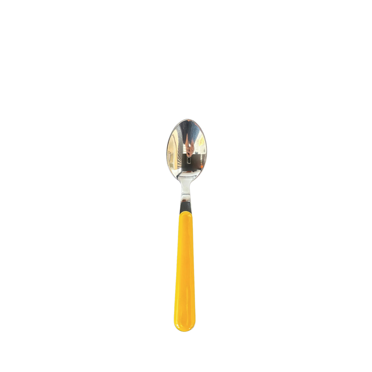 De EME Brio Koffielepel Geel heeft een glanzende metalen kom en een levendig geel handvat, gecentreerd op een witte achtergrond - ideaal voor een kleurrijke tafelsetting.