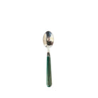 Een EME Brio Koffielepel Groen, met een glanzend metalen ovalen kom en een donkergroen handvat geïnspireerd op Italiaans design, is gecentreerd op een effen witte achtergrond.
