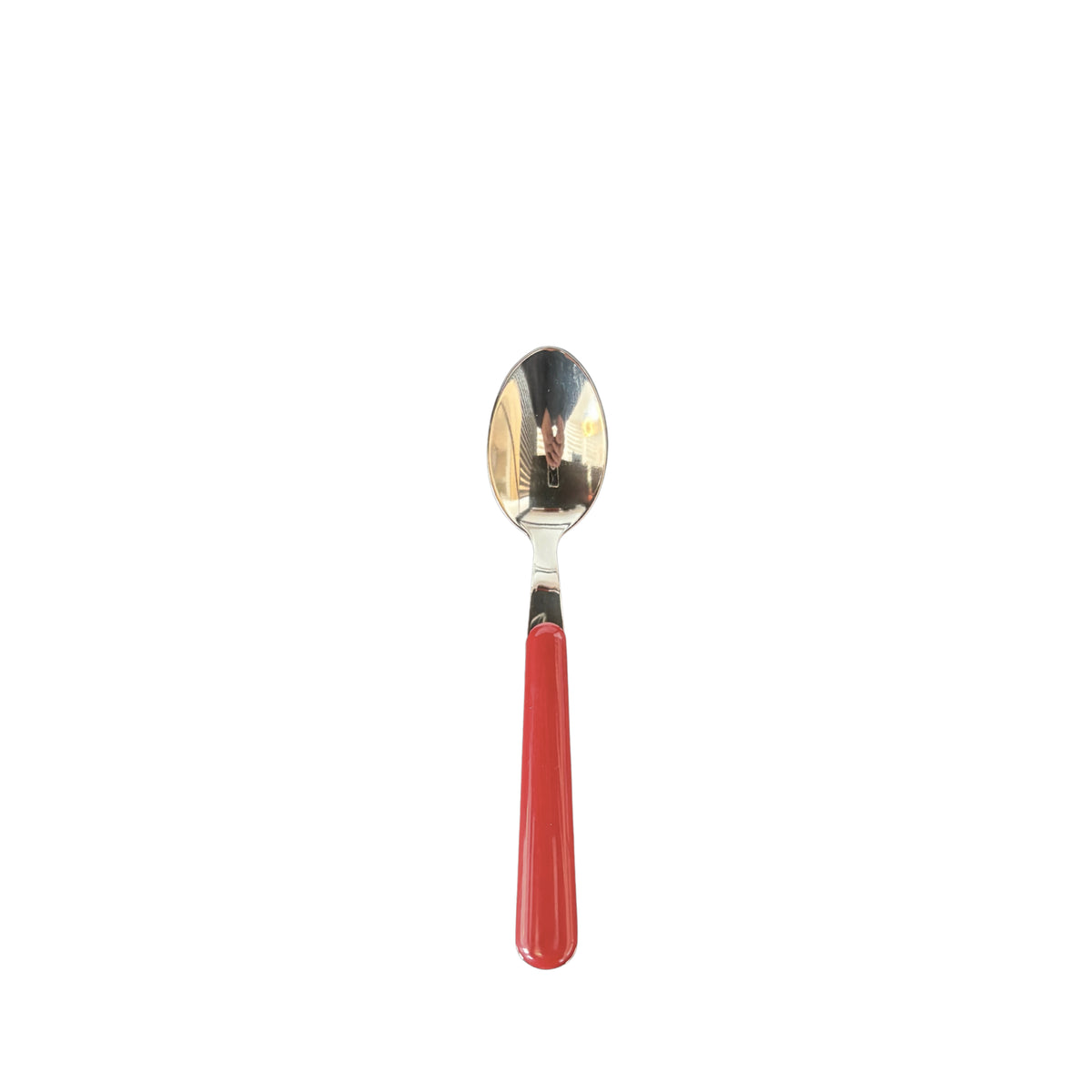 De EME Brio Koffielepel Rood heeft een glanzende roestvrijstalen kom en een rood handvat met Italiaans design, gecentreerd op een effen witte achtergrond. Vaatwasser geschikt voor eenvoudig schoonmaken.