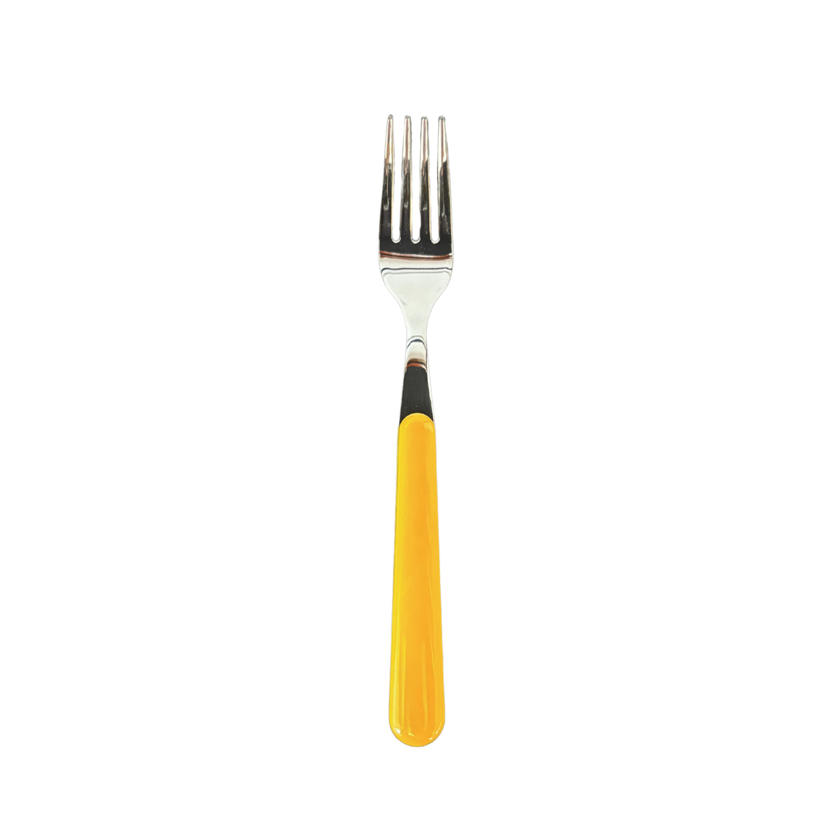 De EME Brio Tafelvork Geel is een metalen tafelvork met een glanzende, reflecterende kop en een helder geel handvat, met een Italiaans geïnspireerd ontwerp en afgebeeld geïsoleerd op een witte achtergrond.