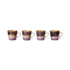 Vier HK Living 70s Ceramics Americano Mok Blast-mokken, elk met een roze-gouden kleurverloop en een donkerbruine rand met textuur, staan op een rij tegen een witte achtergrond — de perfecte keramische mok van HK Living voor je volgende Americano.
