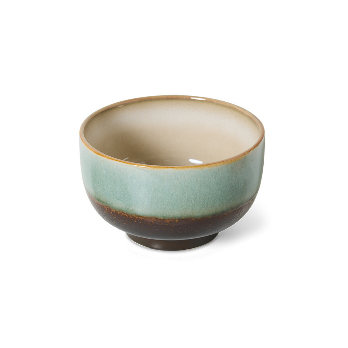 HK Living 70s Ceramics Noodle Kom Depths D13 — keramische kom met een glanzende afwerking in kleurverloop: lichtbeige binnenkant en rand, overgaand in groen en bruin aan de buitenkant. Afgebeeld op een witte achtergrond.