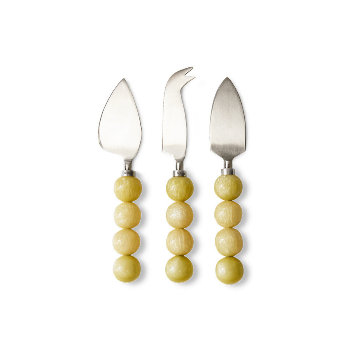 De HK Living Kaasmesjes Lemon 3 st. set bestaat uit drie kaasmessen met zilveren lemmeten en handvatten versierd met vier ronde, citroengele kralen - perfect gerangschikt op wit, een ideaal cadeau voor de kaasliefhebber.