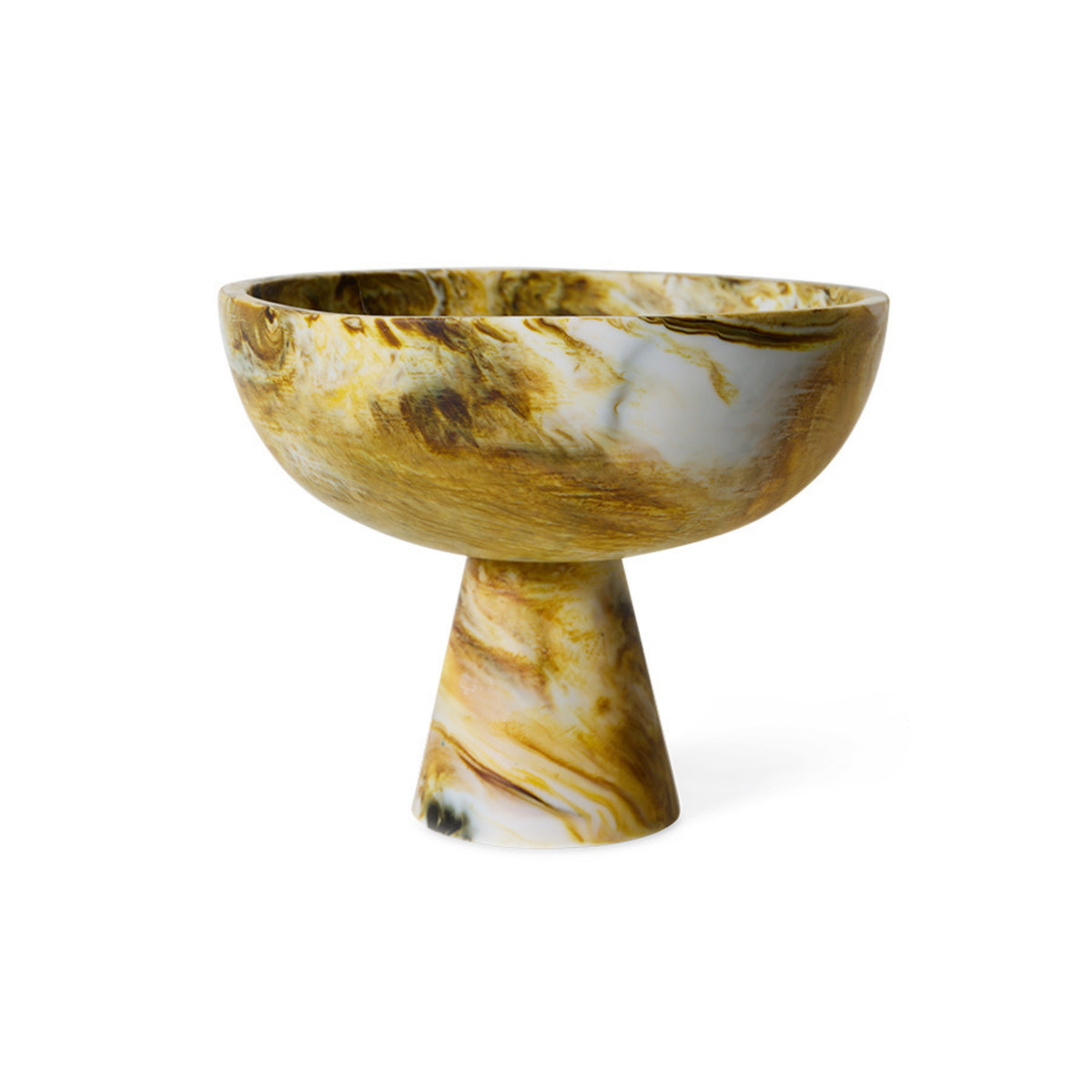 De HK Living Gemarmerde Kom op Voet Oker D23 is een decoratief object met een brede, ronde bovenkant en conische voet, voorzien van gemarmerde bruine, gouden en witte tinten van HK Living.