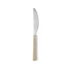 Het HK Living 70s Cutlery Tafelmes Olijfgroen is een roestvrijstalen tafelmes met een olijfgroen handvat en drie klinknagels, geïnspireerd op ontwerpen uit de jaren 70, afgebeeld op een effen witte achtergrond.