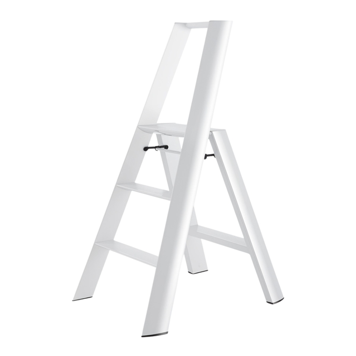 De Hasegawa Lucano-ladder met drie treden, van het merk Hasegawa, met een strak Japans ontwerp in modern wit, wordt uitgeschoven afgebeeld tegen een witte achtergrond.