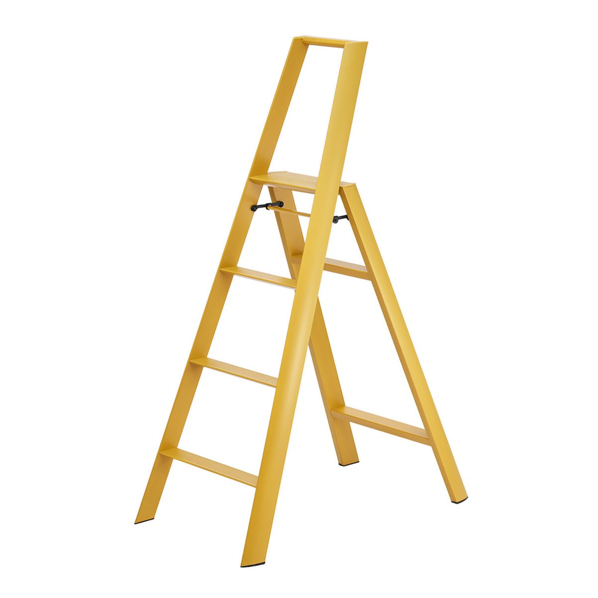 Een Hasegawa Lucano-ladder met 4 treden in de kleur Geel staat open op een witte achtergrond, waarbij het zijaanzicht en het stevige aluminium frame goed te zien zijn.
