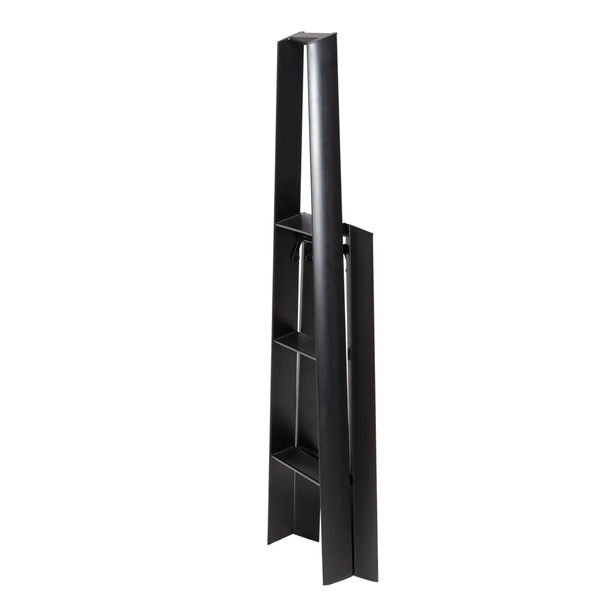 De Hasegawa Lucano Ladder 3 Stap Zwart van Hasegawa heeft een strak, modern zwart ontwerp geïnspireerd op Japanse principes, elegant tegen een witte achtergrond.