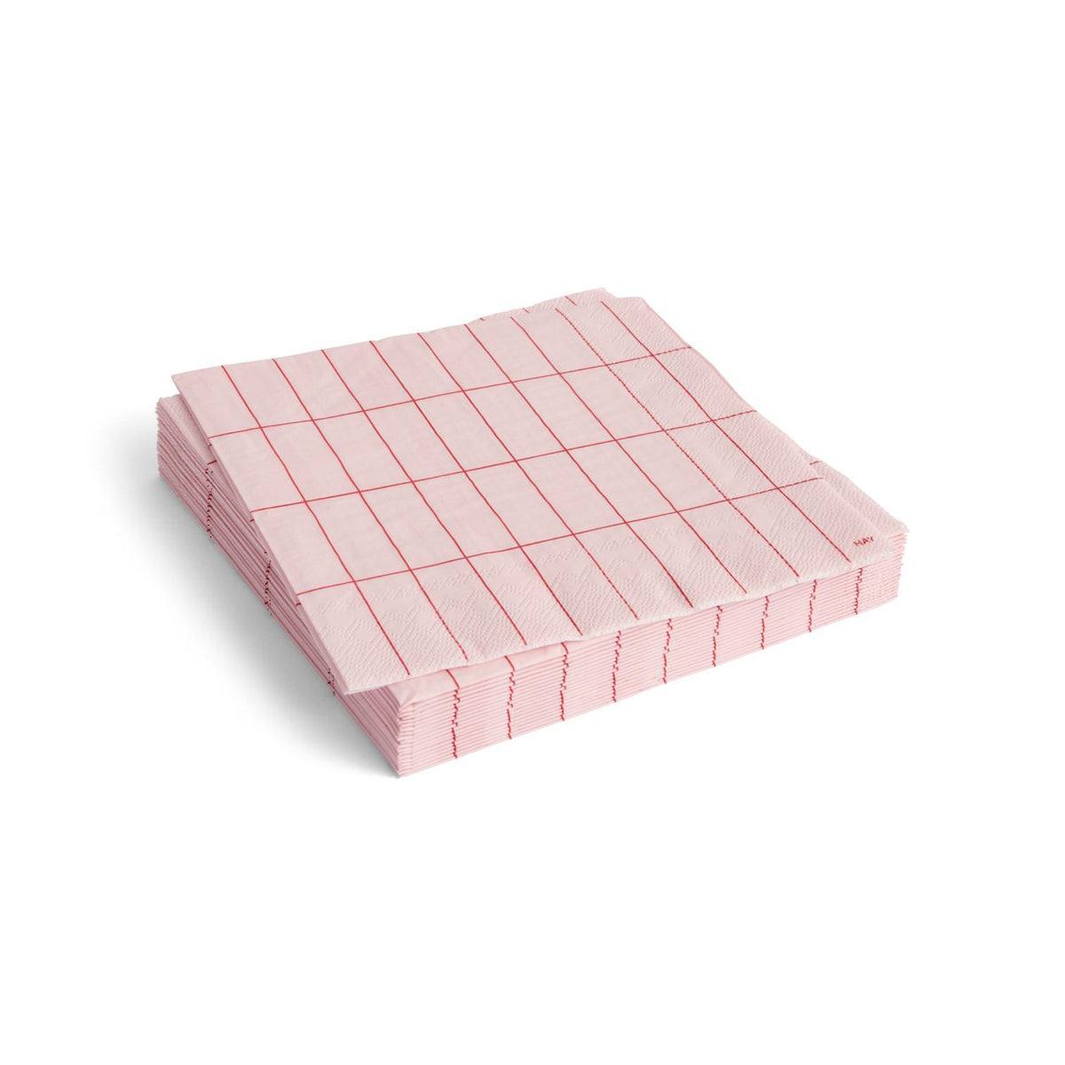 Een stapeltje Hay Pattern Papieren Servetten Lichtroze Rood Grid 40/40 van Hay, met een lichtroze en rood raster, netjes gerangschikt op een effen witte achtergrond.
