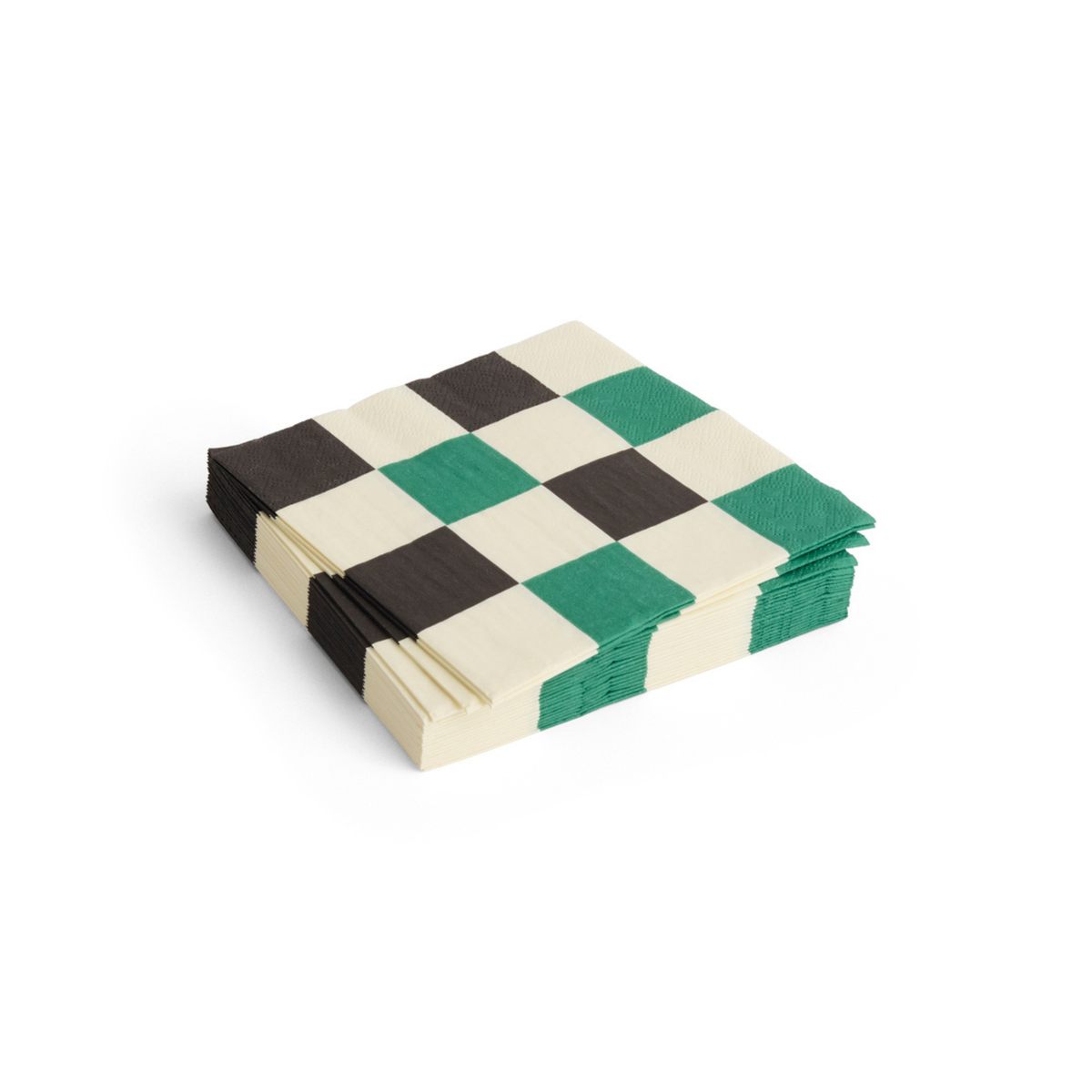 Een stapel Hay Patroon Papieren Servetten Off-White Groen Zwart 33/33, met een groen, zwart en gebroken wit geruit ontwerp van Hay, netjes gerangschikt op een witte achtergrond.