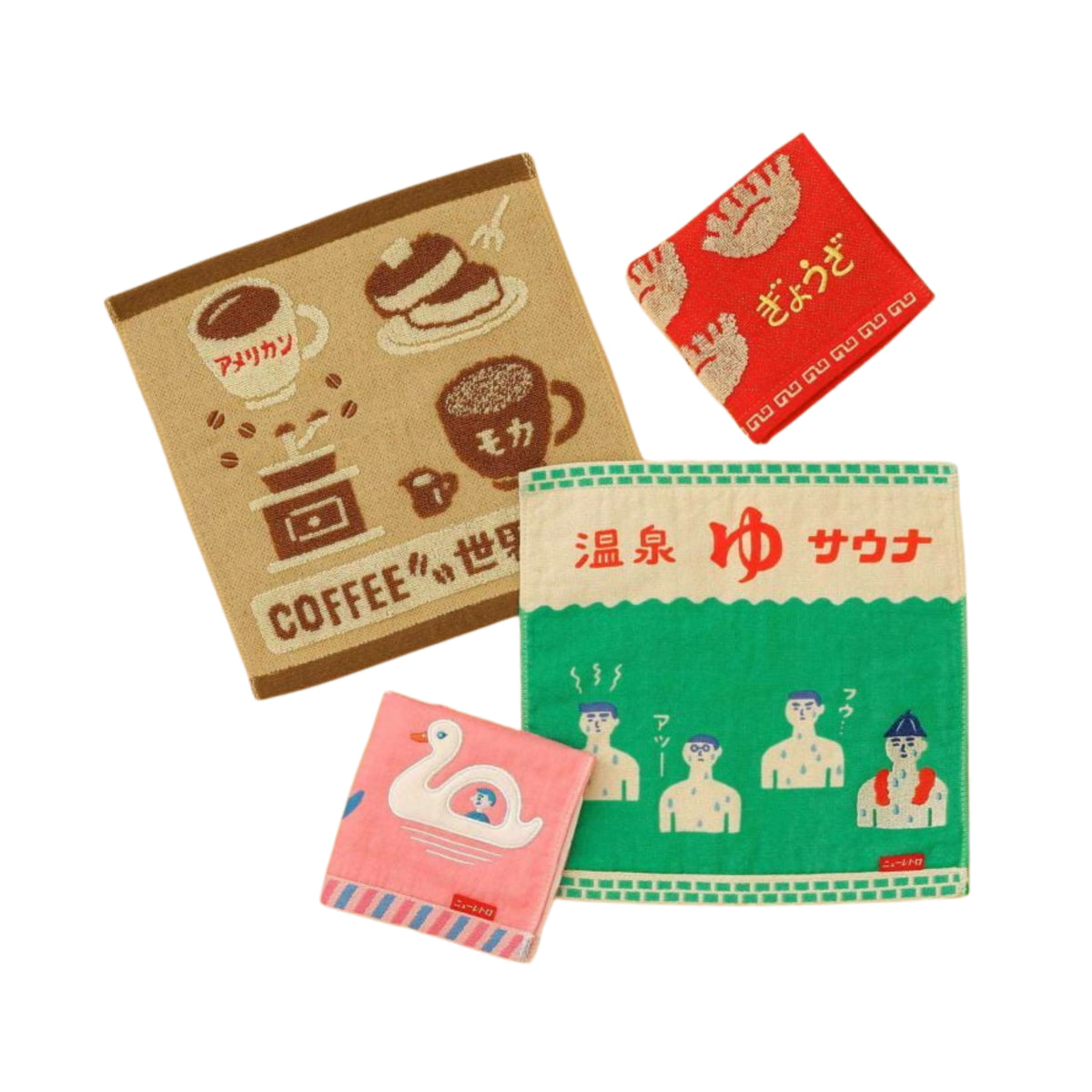 Vier kleurrijke Japanse handdoeken van zachte stof: een handdoek met koffiethema, een groene Hightide saunahanddoek met cartoonfiguurtjes, de Hightide Handdoek Zwaan Boot 25/25 (roze zwaan) en een kleine rode handdoek met Japanse tekst.