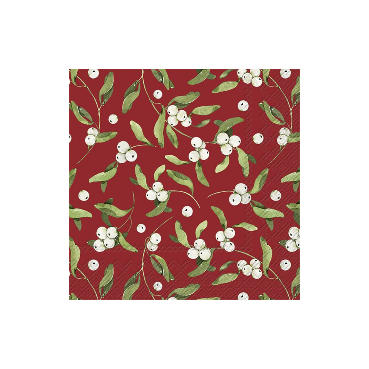 De Ihr Papieren Servetten Alber 33/33 van Ihr hebben een rode achtergrond met groene bladeren en witte bessen, die doen denken aan maretak, gedrukt op milieuvriendelijk 3-laags papier - ideaal voor feestelijke bijeenkomsten.