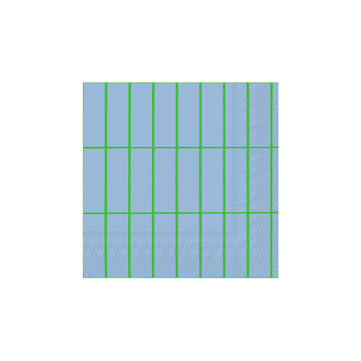 Geïnspireerd door Ihr Papieren Servetten Marimekko Lichtblauw Groen, heeft een blauw vierkant een 6x6 raster met groene lijnen. De meest rechtse kolom en onderste rij zijn diagonaal gearceerd, wat ontwerpelementen van Ihr's iconische servetten weerspiegelt.