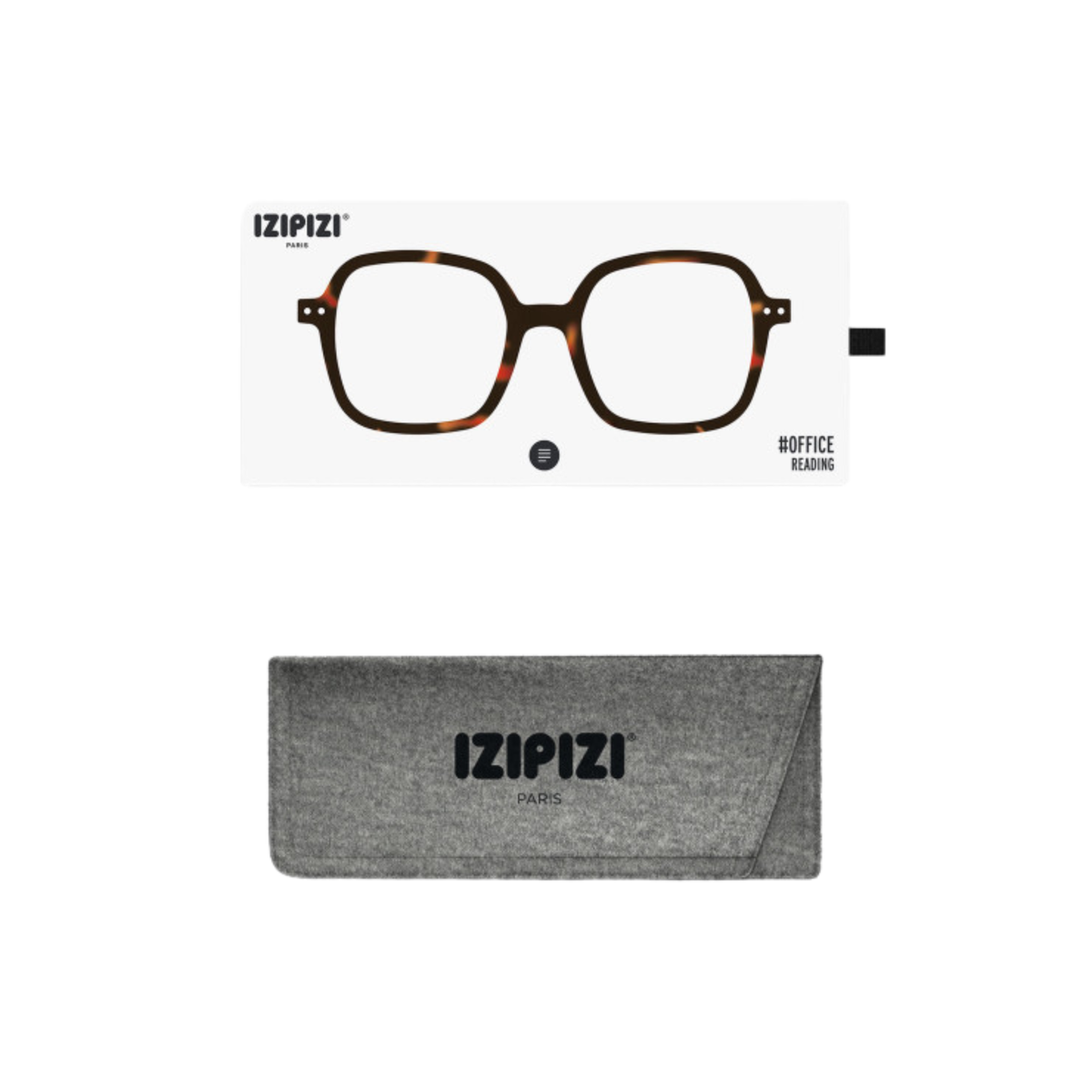 Een Izipizi Leesbril Office Tortoise-leesbril met een blauwlichtfilter, afgebeeld boven een gesloten grijs vilten etui met het IZIPIZI PARIS-logo.